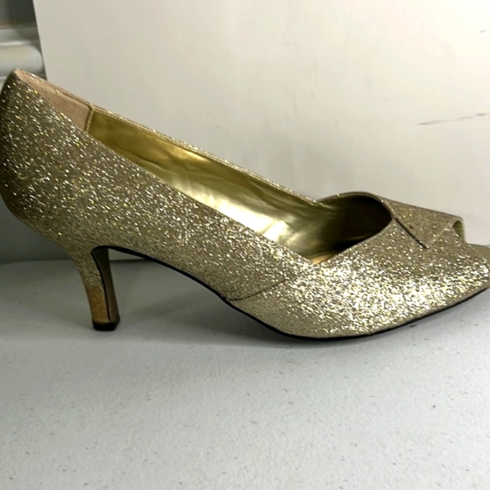 Gold Sparkle Peep Toe heels pumps for women Easy Street 12M - Picture 2 of 11